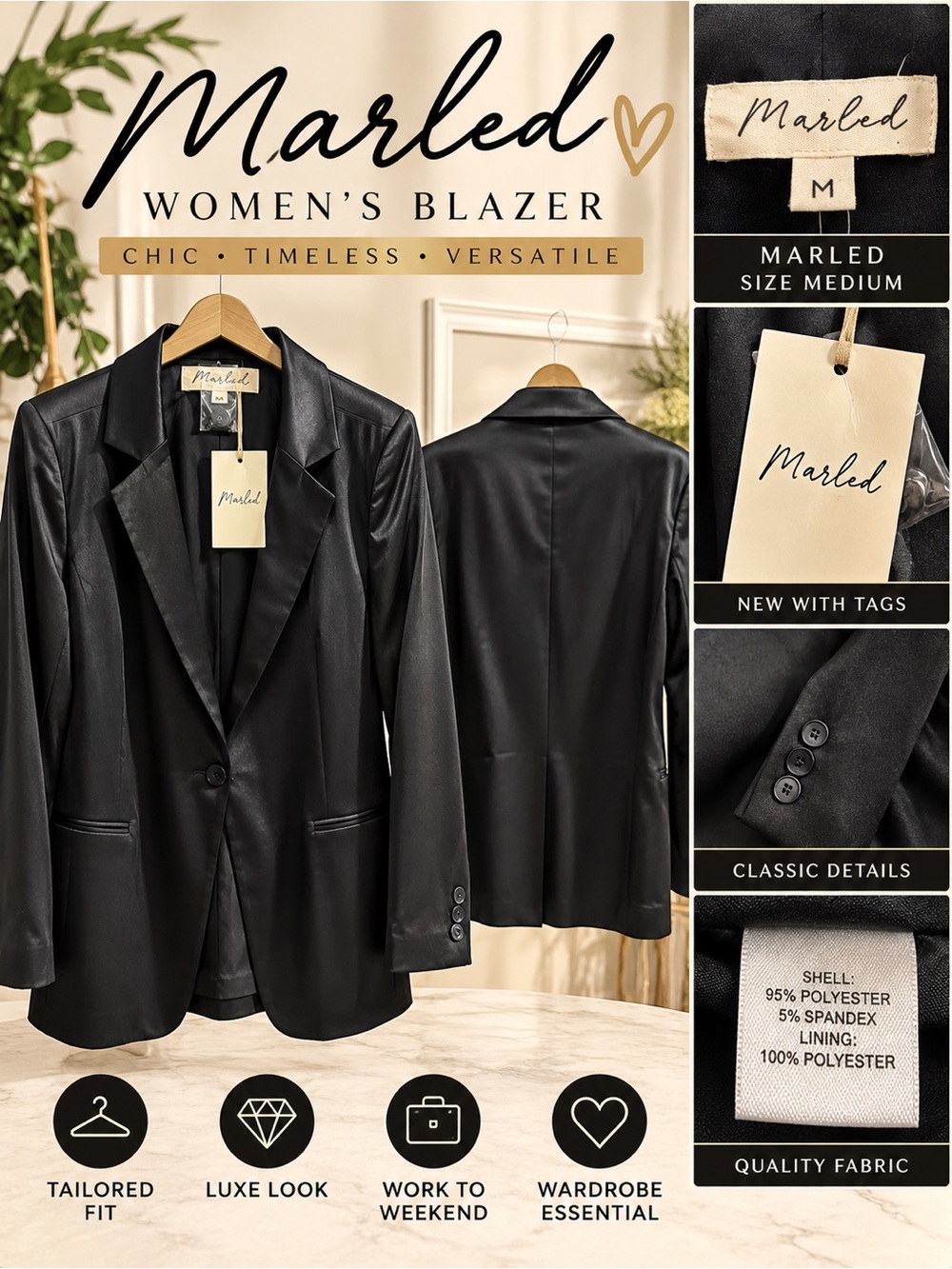 Marled Black Satin Look Blazer Size M Medium NWT Tailored Jacket